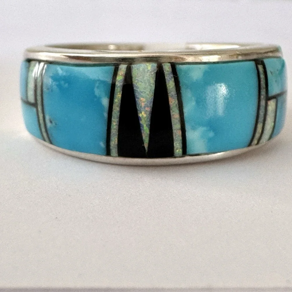 Mens Navajo Wedding Band Sz 10.25‎ Turquoise Opal Inlay 9mm Ring Unsigned Tolino